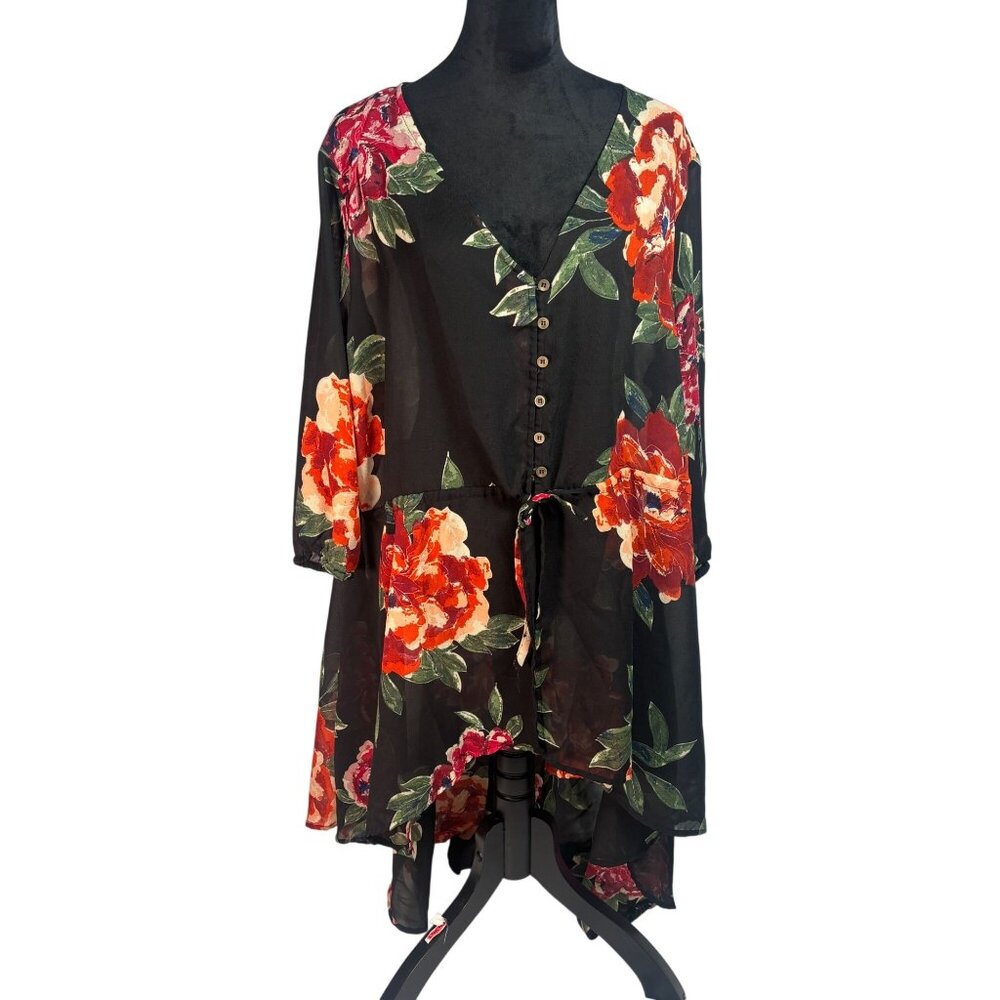 Love Ari Plus Size 3XL Floral High-Low Tunic Top - Button Down & Waist Tie